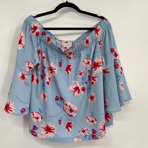 Mud Pie Blouse Women’s Blue Pink Floral 3/4 Bell Sleeve Off The Shoulder medium - Picture 3 of 4